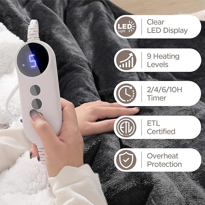 Electric Heated Blanket Throw 50"x60" - Soft Cozy Flannel & Sherpa Fabric Dual-Sided, 9 Heat Settings & 2-10 Hours Auto Off, Warming Heated Throw for Home Office, Machine Washable, Dark Gray