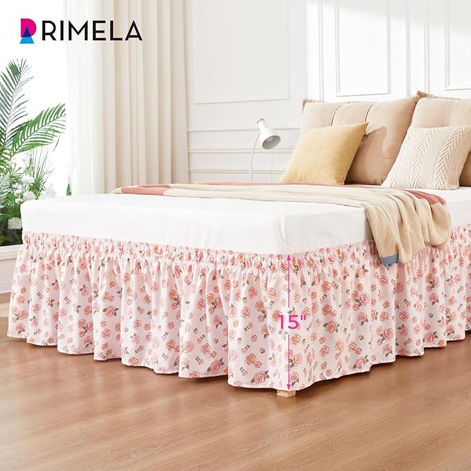 RIMELA Pink Rose Floral Bed Skirt Queen Size 15 Inch Drop, Elastic Bed Skirting for Bed Frame, Bedding Dust Ruffle Easy to Install, Lightweight Wrap Around Adjustable Bedskirt
