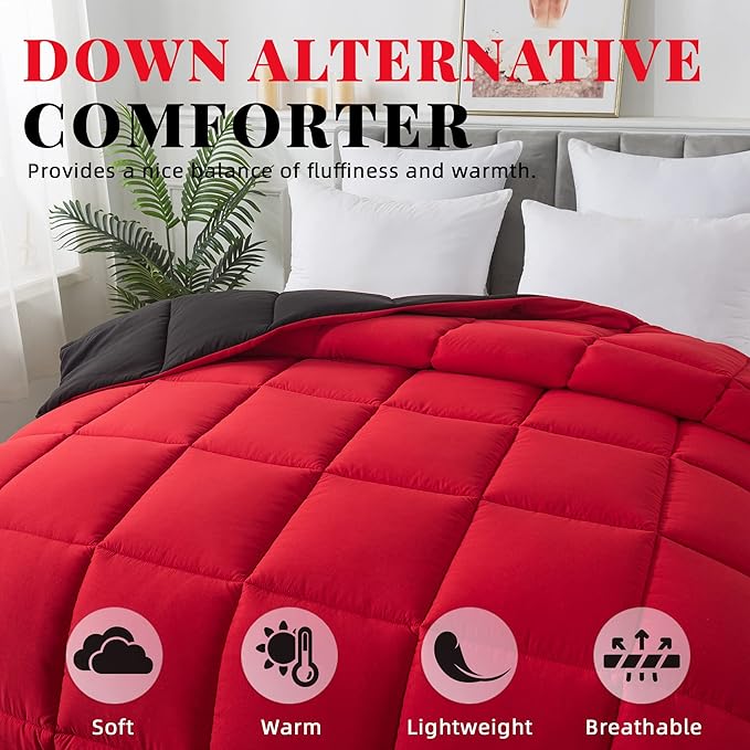 Cosybay Down Alternative Comforter (Red/Black, Full) - All Season Soft Quilted Full Size Bed Comforter - Duvet Insert with Corner Tabs -Winter Summer Warm Fluffy, 82x86 inches