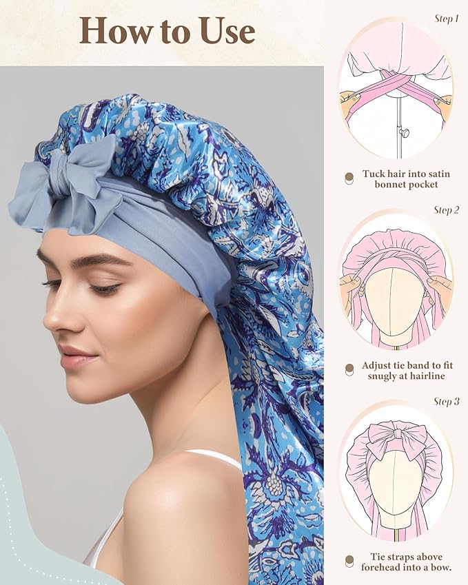 AWAYTR Long Satin Bonnet for Sleeping, Reversible Double Layer Hair Bonnet with Elastic Tie Band (Ethnic Floral Print+Blue)