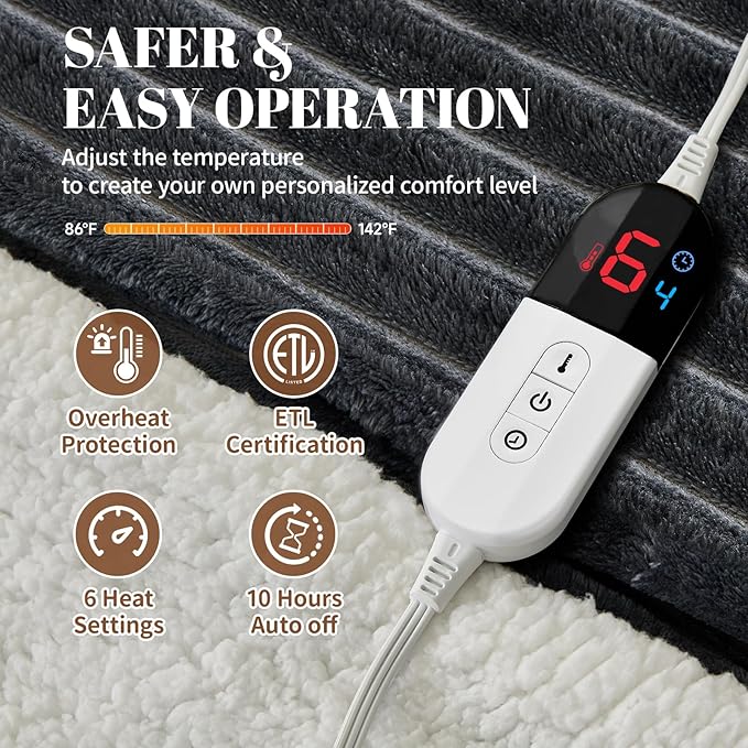 Electric Heated Blanket Twin Size - 62"x84" Fast Heating Bed Blankets with 6 Heating Levels & 10 Hours Auto Off, Soft Ribbed Flannel Sherpa, Over-Heated Protection ETL, Dark Gray