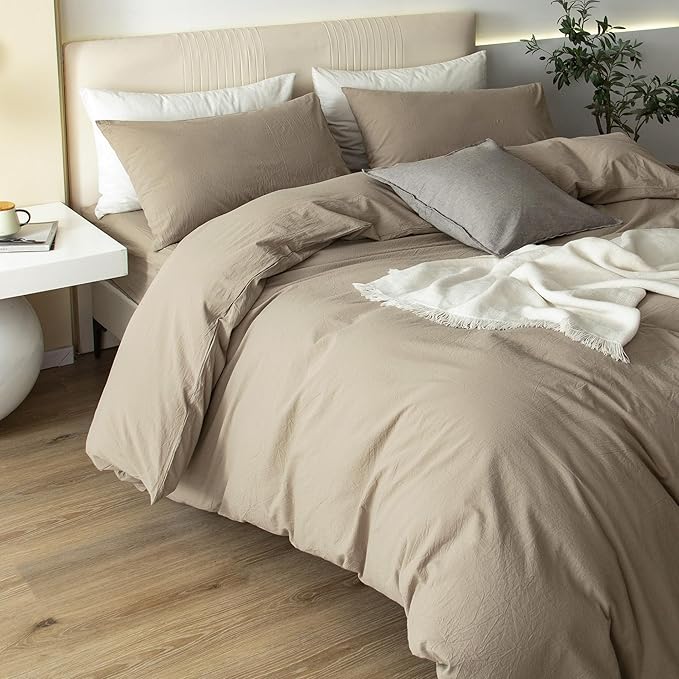 JIYUAN 100% Washed Cotton Duvet Cover Set 2 Pieces Twin, 1 Duvet Cover 68x90 Inches(Comforter Not Included) and 1 Pillowcases,Linen Feel Bedding Set Comfy and Breathable,Khaki