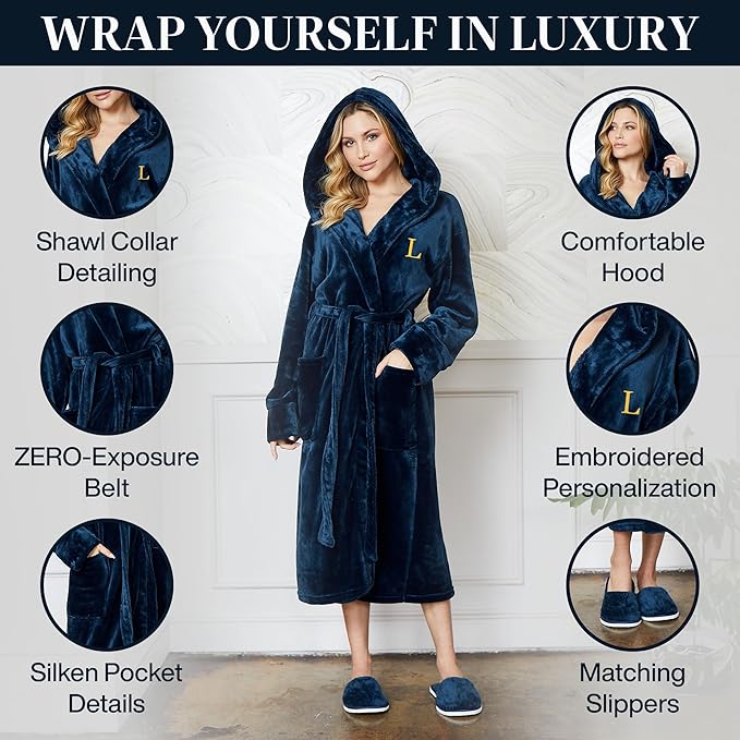 Lotus Linen Plush Robes for Women - Soft Bathrobe, Custom Monogram, Warm Fleece Robe with Pockets