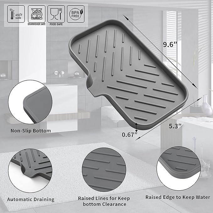 Silicone Bathroom Soap Dishes with Drain Spout-Bathroom and Kitchen Sink Organizer,Sponge Holder,Dish Soap Tray,Perfect for Dispenser,Scrubber,Bottle,Cup on Sink or Counter-Grey 9.6"×5.3"