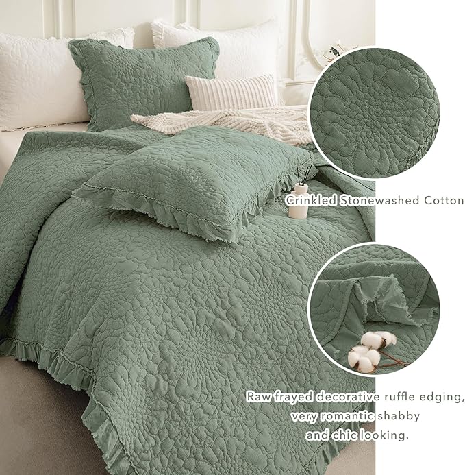 QSH 3PCs Olive Green Ruffled Quilt Queen Size (90"x98"),Stonewashed Cotton Quilt Set,Ultra Soft Lightweight Crinkled Bedspread Coverlet Queen Shabby Farmhouse Bedspreads Bedding Set with Pillow Shams