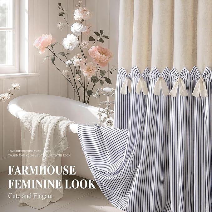 Farmhouse Shower Curtain Linen Bow Woven Fabric Country Rustic Western, Pleated Grey Stripe 72" W x 84" L