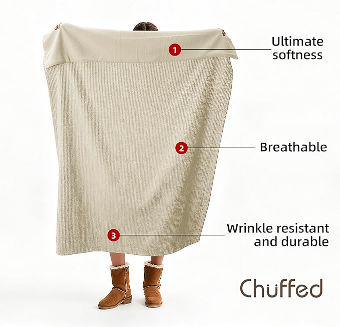 CHUFFED Cotton Waffle Blanket Throw Size - Plush Milk Velvet & Reversible Waffle Weave,Anti-Static 300Gsm Design，Thick Cozy Soft Winter Blanket for Bed, Couch, Sofa - Beige, 50x70 Inches
