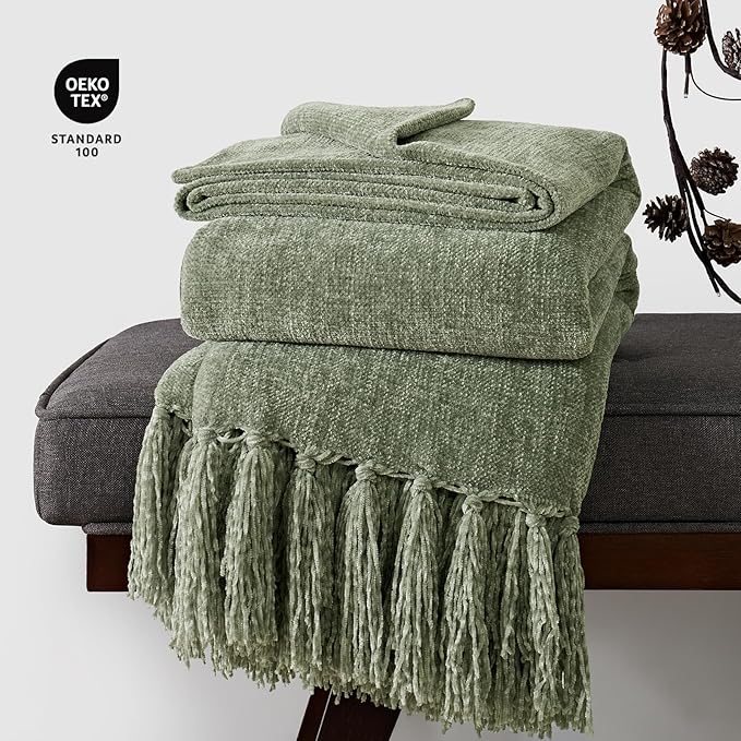 EVERGRACE Soft Chenille Throw Blanket for Couch, Cozy Plush Fuzzy Decorative Chenille Knit Throw Blanket with Tassels, Lightweight Blanket and Throws for Bed Sofa Gift Home Decor, Sage Green 60"x80"