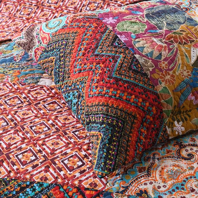 Autumn Dream Cotton Patchwork Bedspread Quilt Sets, Reversible Bedding Coverlet Sets, Red Gorgeous Vintage Pattern, QueenSize