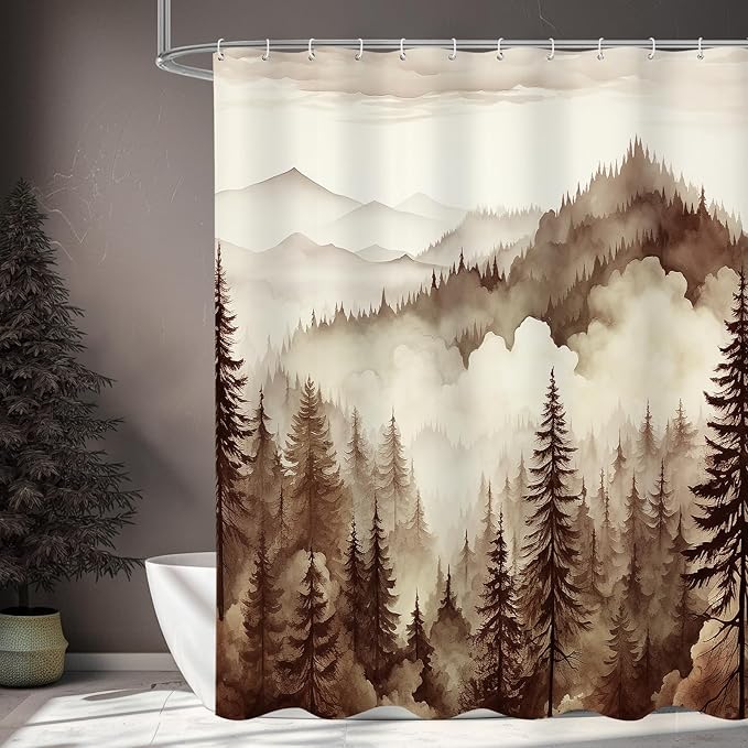 Brown Misty Pine Forest Shower Curtain, Tan Mountain Foggy Woodland Scenery Tree Shower Curtains for Chic Rustic Bathroom, Abstract Modern Waterproof Nature-Themed Decor, 72x72 Inches
