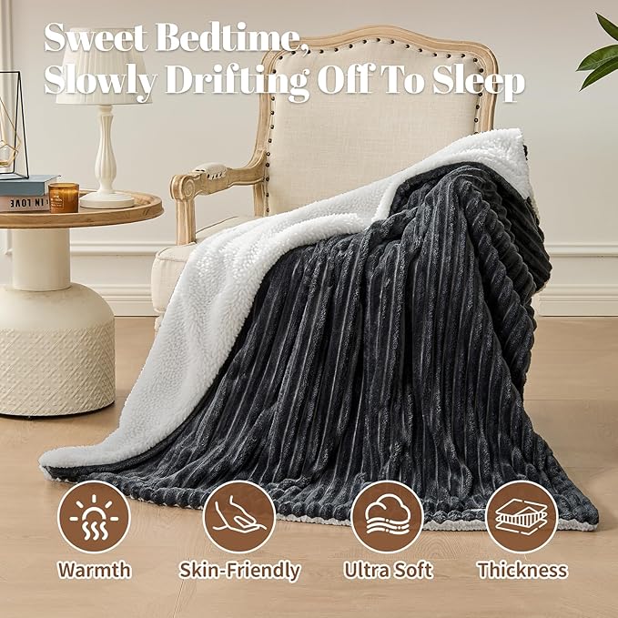 Electric Heated Blanket Twin Size - 62"x84" Fast Heating Bed Blankets with 6 Heating Levels & 10 Hours Auto Off, Soft Ribbed Flannel Sherpa, Over-Heated Protection ETL, Dark Gray