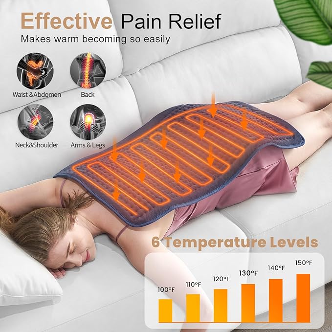 Heating Pad for Back Pain Relief, Extra Large 33 x 17 inches, Portable Heating Pad for Shoulder, Neck, Cramp, Menstrual Pain, with Upgraded 6 Timer and 6 Temperature Controller
