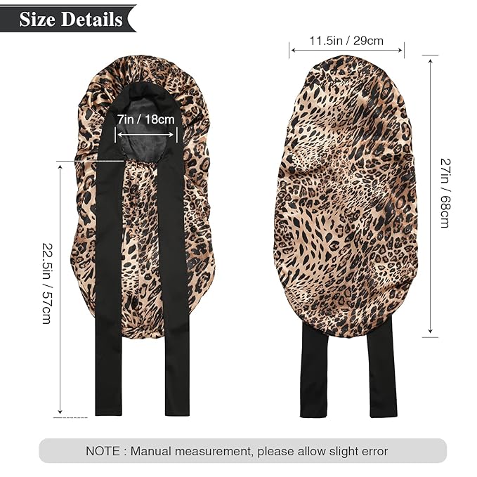 AWAYTR Long Satin Bonnet for Women - Double Layer Elastic Silk Bonnet for Braids Hair Sleeping Cap with Tie Band (Leopard)