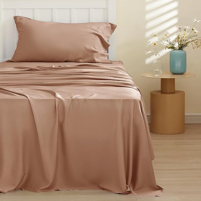 Bedsure Cooling Sheets Twin, Rayon Derived from Bamboo, Breathable & Soft Twin Sheets Set, Deep Pocket Up to 16 Inches, Hotel Luxury Silky Bedding for Hot Sleepers, Khaki