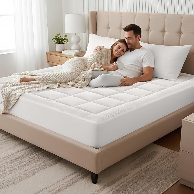OLANLY King Quilted Fitted Mattress Pad – Soft Down Alternative Pillow Top Mattress Topper, Cooling Comfort Breathable Mattress Cover, Machine Washable Deep Pocket Mattress Protector, Off White