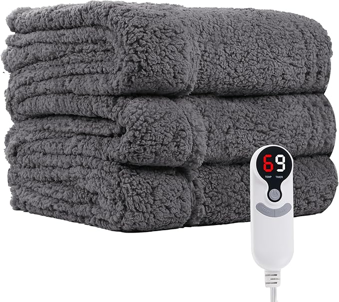 Electric Heated Blanket 6 Heating Settings & 1-10H Auto Off Twin 62×84 Double Sided Plush Sherpa Ultra-Soft Warm Thick, Machine Washable, Fast Quick Heating, Home Office Dark Gray