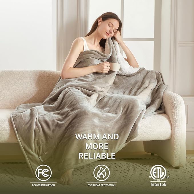 Heat Blanket 50”x60” Throw,Soft Flannel & Sherpa Reversible Electric Blanket with 10 Heat Settings,12 Timer Setting and 3 Hours Auto-Shut Off,ETL Certified Machine Washable,Light Brown
