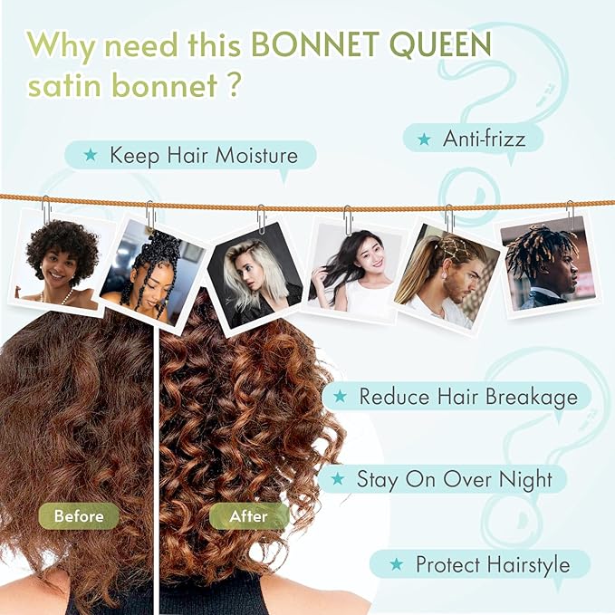 BONNET QUEEN Silk Bonnet for Sleeping Women Satin Bonnet Night Sleep Cap Wrap for Curly Hair with Adjustable Tie Band, Single Layer, Aqua Blue