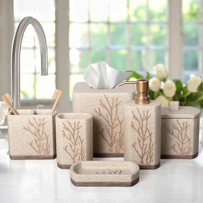 Decozen Bathroom Accessories Set 6Pcs – Soap Dispenser, Toothbrush Holder, Tumbler, Soap Dish & Cotton Swab Jar – Modern Bathroom Decor, Bath Set for Christmas Decor, Kent