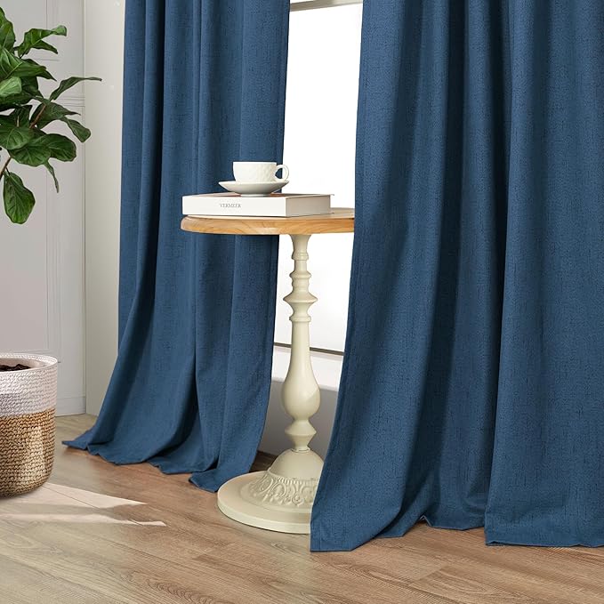 Pitalk Navy Blue Blackout Curtains for Living Room 84 Inch Length 2 Panels Set Back Tab Pocket Faux Linen Window Drapes Thermal Insulated Room Darkening Curtain for Bedroom Boys 52 x 84 Long Dark Blue