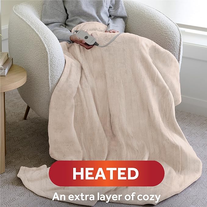 Sunbeam Ultimate Cozy Royal Posh Velvet Hand & Foot Pocket Heated Throw Electric Blanket, 50" x 72", 4 Heat Settings, 4-Hour Auto Shut-Off, Warming Throw for Couch or Bed, Machine Washable, Stone Buff