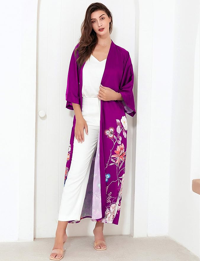 PRODESIGN Kimono Robe for Women - Long Satin Sleepwear Silky Kimono Cover-Up Nightgown Japanese Bathrobe Loungewear Blouse