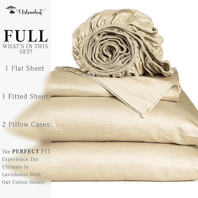 URBANHUT 1000 Thread Count Full Size Egyptian Cotton Sheets, Long Staple Soft & Breathable, 4 Pc Bed Sheet Sets, Luxury Hotel Sateen Sheets Fits 16" Deep Pocket - Sand