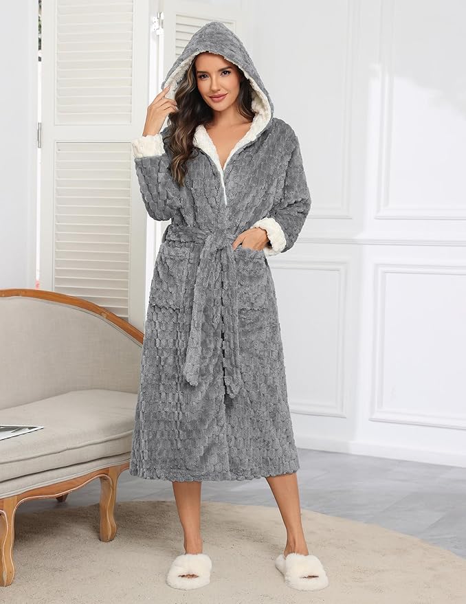 Ekouaer Womens Plush Robes Long Soft Jacquard Fluffy Bathrobe Hooded Robe Sleepwear with Pockets