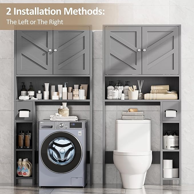 Meilocar Farmhouse Storage Cabinet Over Toilet with Toilet Paper Holder Stand, Freestanding Bathroom Storage Organizer Cabinet, Grey