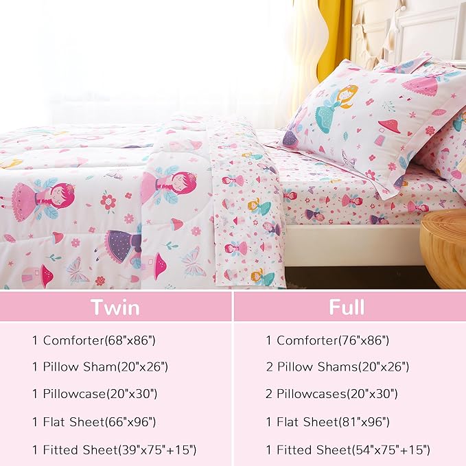 Viviland Kids Full Bedding Sets for Girls, Soft Full Comforter Set with Sheets, 7 Pieces Microfiber Bed in a Bag, Fairy Mushroom