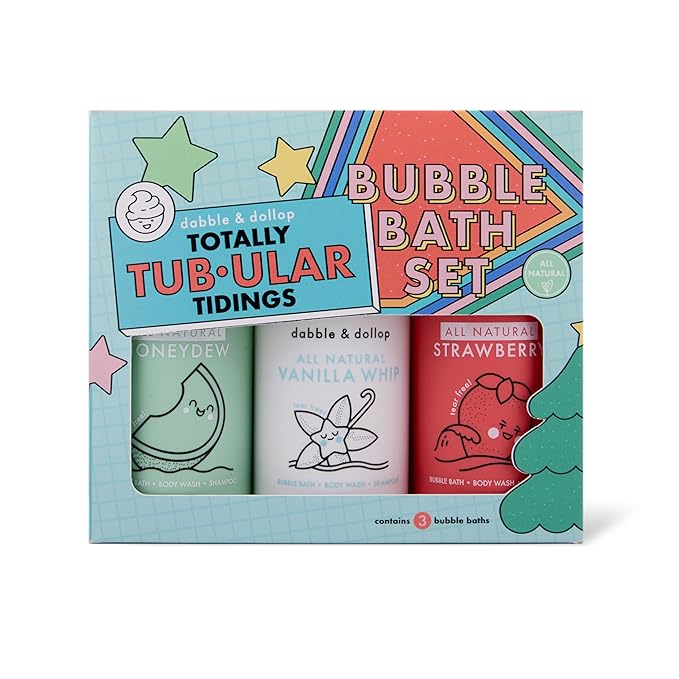 Dabble & Dollop Totally Tub-ular Tidings Bubble Bath Set - Holiday Gift Bundle with Three Mixable 3-in-1s - Bubble Bath Body Wash and Shampoo - Strawberry, Honeydew & Vanilla