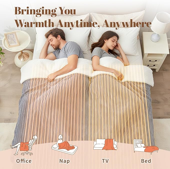 Electric Heated Blanket Queen Size Dual Control - 84"x90" Fast Heating Bed Blankets with 6 Heating Levels & 10 Hours Auto Off, Soft Ribbed Flannel, Over-Heat Protection ETL, Light Gray