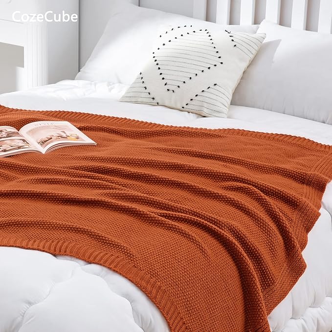 CozeCube Orange Throw Blanket for Couch, Soft Cozy Cable Knit Throw for Bed Sofa Living Room, Lightweight Warm Decorative Farmhouse Christmas Blanket, 50"x60", Burnt Orange