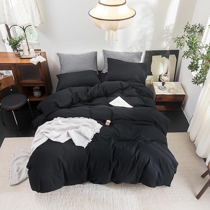 FOSSA Duvet Cover Set 100% Washed Cotton Linen Feel Super Soft Breathable Cozy 3 Pieces Bedding Sets Solid Black Queen