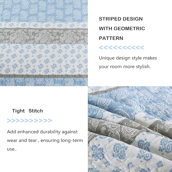 Cotton Quilts Queen Size, Blue Comforter Set, Farmhouse Striped Bedspreads Queen Size,Bohemian Bedding Comforter Sets,All Seasons 3 Pieces