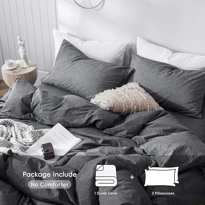 MooMee Bedding Duvet Cover Set 100% Washed Cotton Linen Like Textured Breathable Durable Soft Comfy (Heathered Dark Grey, Super King Plus 120"x120")