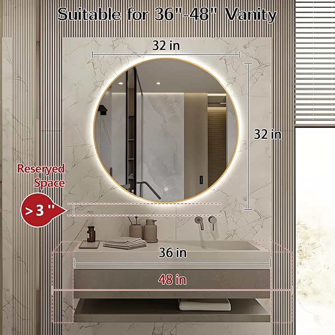 Niccy 32" LED Backlit Round Mirror for Bathroom, Gold Framed Vanity Light Wall Mirror LED Smart Circle Mirrors with 3 Lighting Colors, Dimmable Lighted Mirror with Anti-Fog, IP65 Waterproof