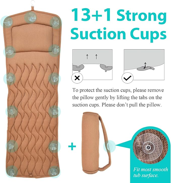 AEROiVi Full Body Bath Pillow with Adjustable Lumbar Roll Pillow Bathtub Cushion with 14 Suction Cups 3D Air Mesh Fit Any Tub Gray Bathroom Accessories Brown