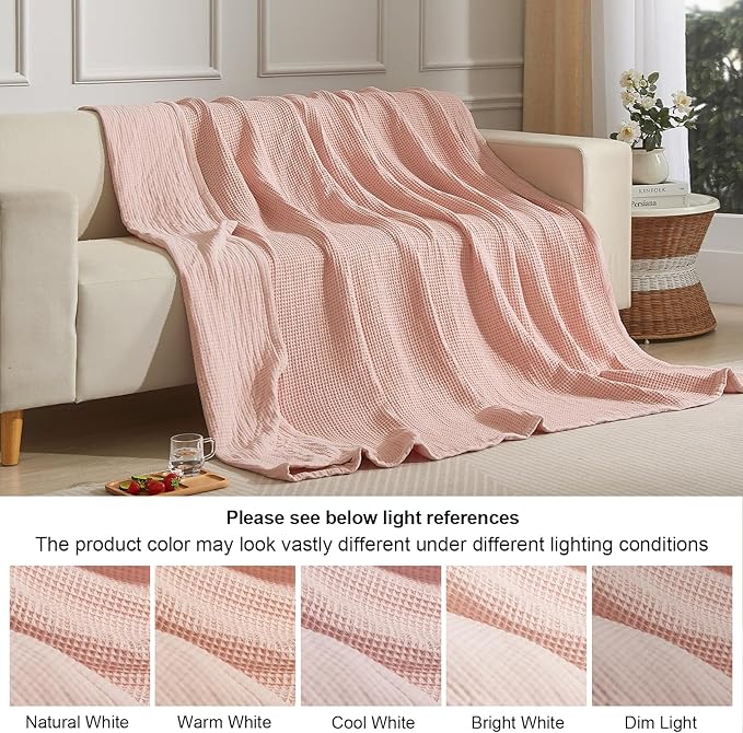 PHF 100% Cotton Waffle & Muslin Blanket King Size, Soft Breathable Luxury 400GSM Versatile Reversible Bedding for Bed, Great for Layering in Cold Weather, Home Decor Gift, 104" x 90", Rose Smoke