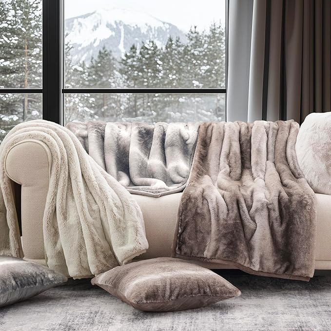 EVERGRACEHOME Ultra Soft Luxury Fluffy Mink Faux Fur Throw Blanket, Thick Warm Fall Winter Blankets for Bed, Couch, Cozy Plush Reversible Blanket for Chair, Sofa (Tipped Champagne Ivory, 50"x60")