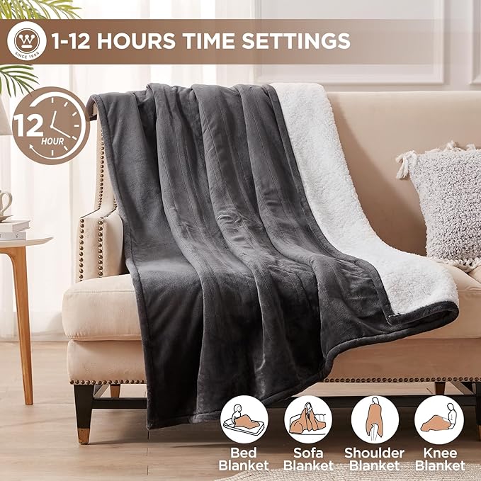 Westinghouse Heated Blanket Full Size, Soft Flannel to Sherpa Electric Blanket with 10 Heating Levels, 1-12 Hours Auto Shut Off, Fast Heating Warming Blanket, Machine Washable, 72x84 Inch, Charcoal