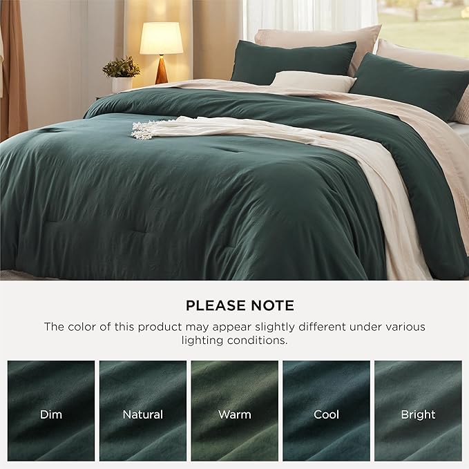 Bedsure Queen Size Comforter Set, Forest Green Soft Prewashed Bedding for All Seasons, 3 Pieces GentleSoft™ Down Alternative Bed Set, 1 Lightweight Comforter (90"x90") and 2 Pillowcases (20"x26")