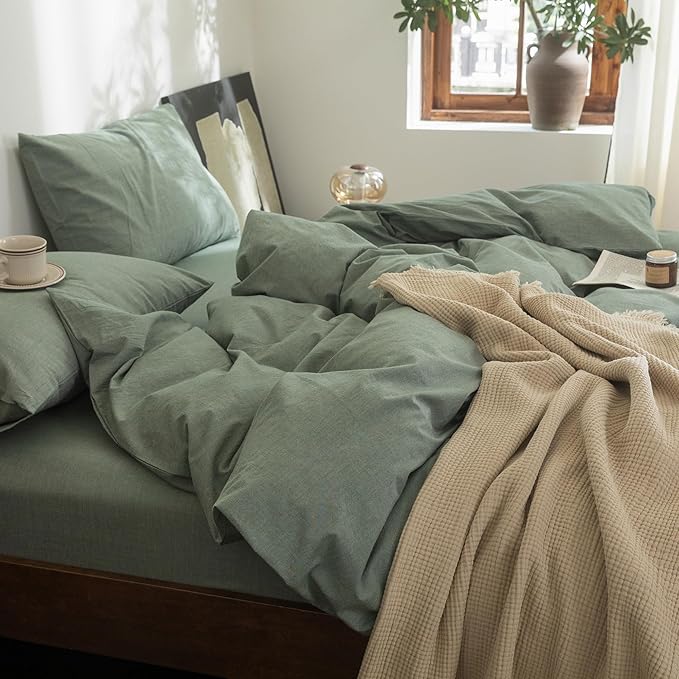 FOSSA Duvet Cover Set 100% Washed Cotton Linen Feel Super Soft Breathable Cozy Simple Style 3 Pieces Bedding Sets Solid Heathered Green Super King Plus