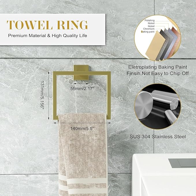 Bathroom Accessory Towel Bar Set: 15 Pieces Gold Bathroom Hardware Square SUS304 Stainless Steel - Wall Mounted Towel Rack&Toilet Paper Holder&Towel Ring and Towel Hook