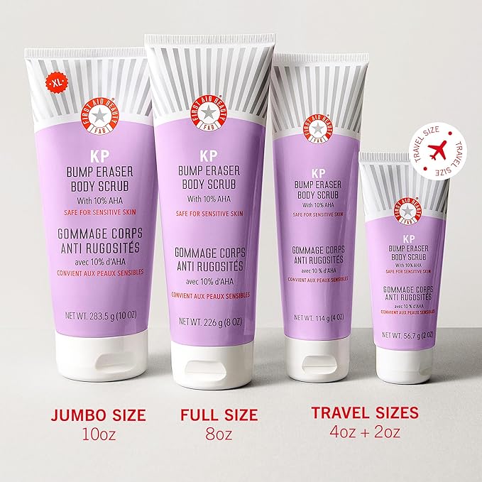 First Aid Beauty - KP Bump Eraser Body Scrub with 10% AHA, Keratosis Pilaris Skin Exfoliater with Glycolic and Lactic acids, Helps Reduce Chicken Skin Bumps, Safe for Sensitive Skin, 10 oz