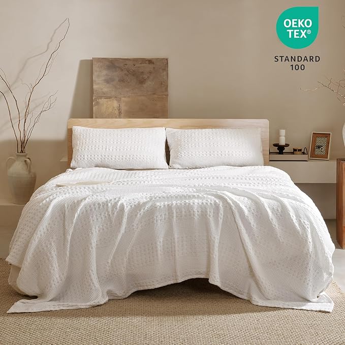 PHF 100% Cotton Waffle Weave Blanket Queen Size for Bed, Soft Lightweight & Breathable, All-Season Comfort, Luxury Aesthetic Woven Bedding for Home Decor, 90"x90", White