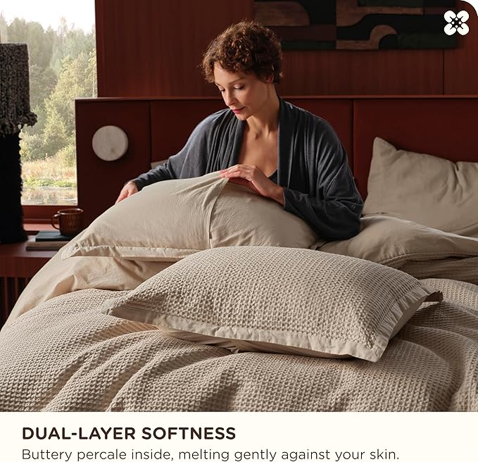 Bedsure Cotton Duvet Cover King - 100% Cotton Waffle Weave Khaki Duvet Cover King Size, GentleSoft™ and Breathable Tan Bedding Set for All Season, 3 Pieces, 104"x90"