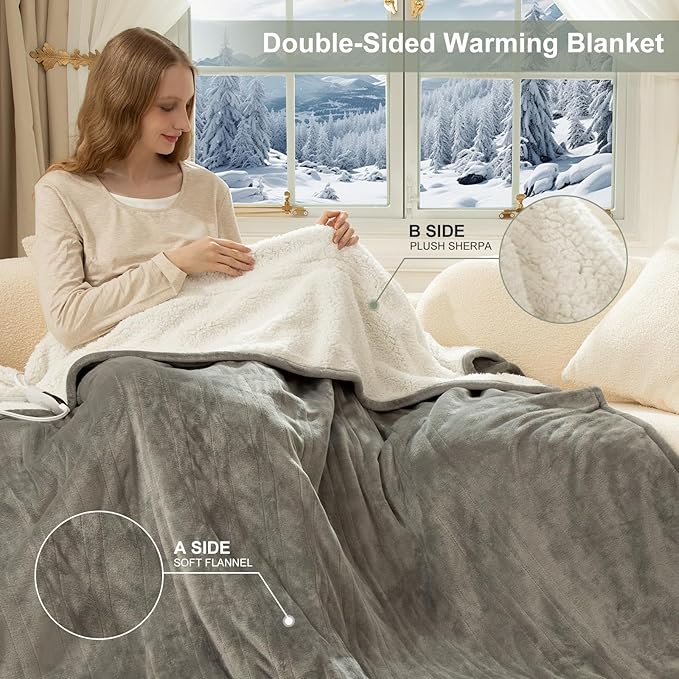 Heated Blanket Full Size - 72" x 84" Electric Blanket Full with Fast Heating, 10 Timer Settings, 6 Heat Settings, Washable Flannel Sherpa Heating Blanket, Overheat Protection, Grey