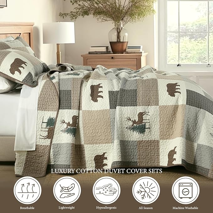 Uniclinens Plaid Quilt Set Queen Size, 100% Cotton Patchwork Quilts, Brown Farmhouse Lightweight Quilted Comforter, Soft Rustic Bedspread, 3 Pieces Set with 2 Pillowshams, Beige/Brown/Gray