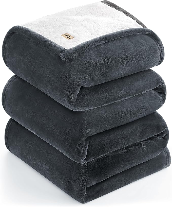 UGG Ariana King/California King Blanket Fleece Fluffy Reversible Soft Fuzzy Bedding Cozy Plush Oversized Blanket Machine Washable Bedroom Decor for Big Couch or Bed, 110-inch x 90-inch, Charcoal Grey
